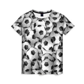 Женская футболка 3D с принтом Футбольные мячи в Кировске, 100% полиэфир ( синтетическое хлопкоподобное полотно) | прямой крой, круглый вырез горловины, длина до линии бедер | мяч | спорт | футбол | футбольные