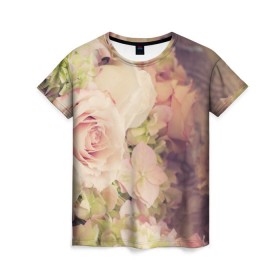 Женская футболка 3D с принтом Винтажные розы в Кировске, 100% полиэфир ( синтетическое хлопкоподобное полотно) | прямой крой, круглый вырез горловины, длина до линии бедер | vintage | винтаж | зелень | лето | пионы | розы | узоры | цветы