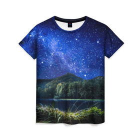 Женская футболка 3D с принтом Звездная ночь в Кировске, 100% полиэфир ( синтетическое хлопкоподобное полотно) | прямой крой, круглый вырез горловины, длина до линии бедер | галактика | горы | звезды | космос | лес | ночь | озеро | сосны | тайга
