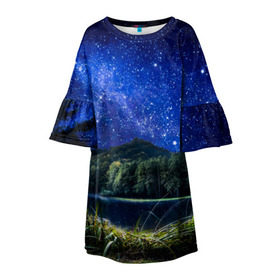 Детское платье 3D с принтом Звездная ночь в Кировске, 100% полиэстер | прямой силуэт, чуть расширенный к низу. Круглая горловина, на рукавах — воланы | галактика | горы | звезды | космос | лес | ночь | озеро | сосны | тайга