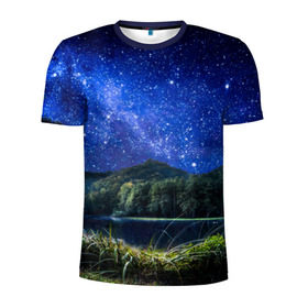 Мужская футболка 3D спортивная с принтом Звездная ночь в Кировске, 100% полиэстер с улучшенными характеристиками | приталенный силуэт, круглая горловина, широкие плечи, сужается к линии бедра | галактика | горы | звезды | космос | лес | ночь | озеро | сосны | тайга