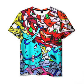 Мужская футболка 3D с принтом Механика в Кировске, 100% полиэфир | прямой крой, круглый вырез горловины, длина до линии бедер | граффити | кирпич | стена | яркий