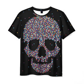 Мужская футболка 3D с принтом Череп в Кировске, 100% полиэфир | прямой крой, круглый вырез горловины, длина до линии бедер | Тематика изображения на принте: пиксельный | разноцветный | черный