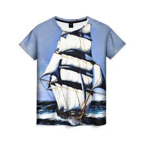 Женская футболка 3D с принтом Парусник в Кировске, 100% полиэфир ( синтетическое хлопкоподобное полотно) | прямой крой, круглый вырез горловины, длина до линии бедер | blue | волны | корабль | море | океан