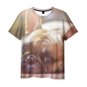 Мужская футболка 3D с принтом французский бульдог в Кировске, 100% полиэфир | прямой крой, круглый вырез горловины, длина до линии бедер | dog | бульдог | друг | собака | язык