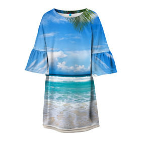 Детское платье 3D с принтом Карибский пляж в Кировске, 100% полиэстер | прямой силуэт, чуть расширенный к низу. Круглая горловина, на рукавах — воланы | Тематика изображения на принте: волны | лето | море | океан | отдых | пальма | пляж | солнце