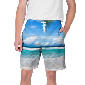 Мужские шорты 3D с принтом Карибский пляж в Кировске,  полиэстер 100% | прямой крой, два кармана без застежек по бокам. Мягкая трикотажная резинка на поясе, внутри которой широкие завязки. Длина чуть выше колен | волны | лето | море | океан | отдых | пальма | пляж | солнце