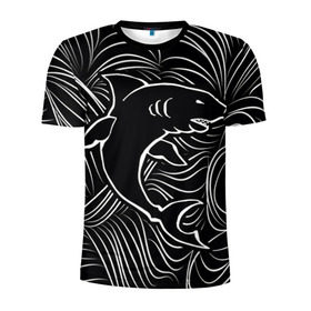 Мужская футболка 3D спортивная с принтом Акула в в морской пучине в Кировске, 100% полиэстер с улучшенными характеристиками | приталенный силуэт, круглая горловина, широкие плечи, сужается к линии бедра | Тематика изображения на принте: волна | линия | черный