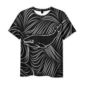 Мужская футболка 3D с принтом Кит в морской пучине в Кировске, 100% полиэфир | прямой крой, круглый вырез горловины, длина до линии бедер | арт | белый | волна | волны | кит | классно | круто | линия | море | рисунок | черный | черта
