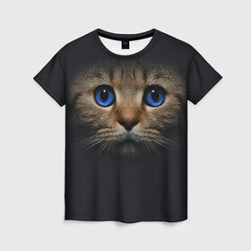 Женская футболка 3D с принтом Кот с синими глазами в Кировске, 100% полиэфир ( синтетическое хлопкоподобное полотно) | прямой крой, круглый вырез горловины, длина до линии бедер | кот | котенок | кошка | мордочка