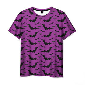Мужская футболка 3D с принтом Стая летучих мышей в Кировске, 100% полиэфир | прямой крой, круглый вырез горловины, длина до линии бедер | bat | классно | круто | летучая | мышь | стильно | текстура | фиолетовый | фон | черный