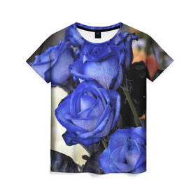 Женская футболка 3D с принтом Синие розы в Кировске, 100% полиэфир ( синтетическое хлопкоподобное полотно) | прямой крой, круглый вырез горловины, длина до линии бедер | девушкам | розы | синие | цветы