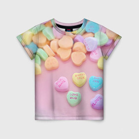 Детская футболка 3D с принтом конфеты в Кировске, 100% гипоаллергенный полиэфир | прямой крой, круглый вырез горловины, длина до линии бедер, чуть спущенное плечо, ткань немного тянется | Тематика изображения на принте: candy | драже | конфеты | леденцы | сахар | сладости