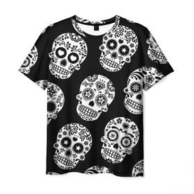 Мужская футболка 3D с принтом Черепа в Кировске, 100% полиэфир | прямой крой, круглый вырез горловины, длина до линии бедер | день мертвых | мексика | паттерн | традция | узоры | цветы | черно белый | черный