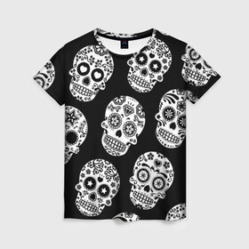 Женская футболка 3D с принтом Черепа в Кировске, 100% полиэфир ( синтетическое хлопкоподобное полотно) | прямой крой, круглый вырез горловины, длина до линии бедер | день мертвых | мексика | паттерн | традция | узоры | цветы | черно белый | черный
