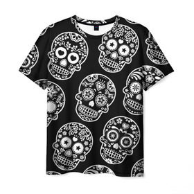 Мужская футболка 3D с принтом Черепа в Кировске, 100% полиэфир | прямой крой, круглый вырез горловины, длина до линии бедер | день мертвых | мексика | паттерн | традиция | узоры | цветы | черно белый