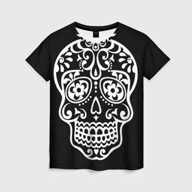 Женская футболка 3D с принтом Мексиканский череп в Кировске, 100% полиэфир ( синтетическое хлопкоподобное полотно) | прямой крой, круглый вырез горловины, длина до линии бедер | день мертвых | мексика | традция | узоры | цветы | черный