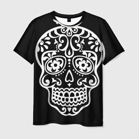 Мужская футболка 3D с принтом Мексиканский череп в Кировске, 100% полиэфир | прямой крой, круглый вырез горловины, длина до линии бедер | Тематика изображения на принте: день мертвых | мексика | традция | узоры | цветы | черный