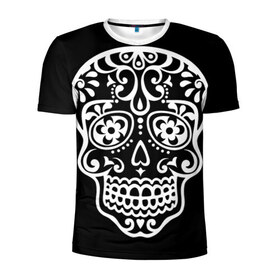 Мужская футболка 3D спортивная с принтом Мексиканский череп в Кировске, 100% полиэстер с улучшенными характеристиками | приталенный силуэт, круглая горловина, широкие плечи, сужается к линии бедра | Тематика изображения на принте: день мертвых | мексика | традция | узоры | цветы | черный