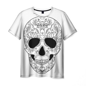 Мужская футболка 3D с принтом Мексиканский череп в Кировске, 100% полиэфир | прямой крой, круглый вырез горловины, длина до линии бедер | Тематика изображения на принте: белый | день мертвых | мексика | традция | узоры | цветы