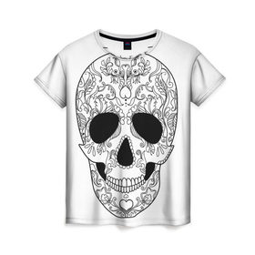 Женская футболка 3D с принтом Мексиканский череп в Кировске, 100% полиэфир ( синтетическое хлопкоподобное полотно) | прямой крой, круглый вырез горловины, длина до линии бедер | белый | день мертвых | мексика | традция | узоры | цветы