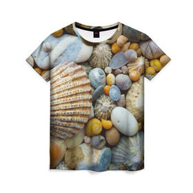 Женская футболка 3D с принтом Морские ракушки и камни в Кировске, 100% полиэфир ( синтетическое хлопкоподобное полотно) | прямой крой, круглый вырез горловины, длина до линии бедер | камни | море | морские камни | ракушки
