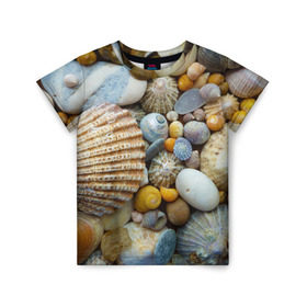Детская футболка 3D с принтом Морские ракушки и камни в Кировске, 100% гипоаллергенный полиэфир | прямой крой, круглый вырез горловины, длина до линии бедер, чуть спущенное плечо, ткань немного тянется | Тематика изображения на принте: камни | море | морские камни | ракушки