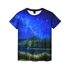 Женская футболка 3D с принтом Звездное небо в Кировске, 100% полиэфир ( синтетическое хлопкоподобное полотно) | прямой крой, круглый вырез горловины, длина до линии бедер | звезда | небо | ночь | озеро