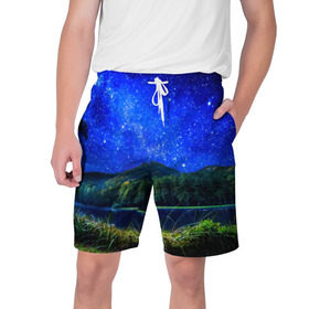 Мужские шорты 3D с принтом Звездное небо в Кировске,  полиэстер 100% | прямой крой, два кармана без застежек по бокам. Мягкая трикотажная резинка на поясе, внутри которой широкие завязки. Длина чуть выше колен | звезда | небо | ночь | озеро