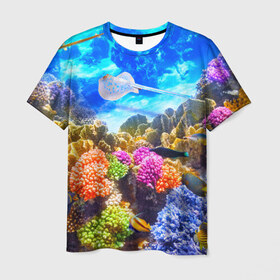 Мужская футболка 3D с принтом Подводный мир в Кировске, 100% полиэфир | прямой крой, круглый вырез горловины, длина до линии бедер | Тематика изображения на принте: вода | коралл | океан | рыбки | синяя