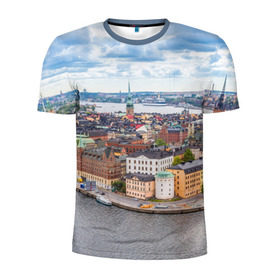 Мужская футболка 3D спортивная с принтом Швеция в Кировске, 100% полиэстер с улучшенными характеристиками | приталенный силуэт, круглая горловина, широкие плечи, сужается к линии бедра | europe | stockholm | sweden | европа | ес | каникулы | отпуск | стокгольм | туризм | швеция