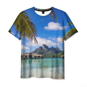 Мужская футболка 3D с принтом Бора-Бора в Кировске, 100% полиэфир | прямой крой, круглый вырез горловины, длина до линии бедер | архипелаг | блаженство | бора бора | бунгало | жемчужина тихого океана | загар | каникулы | море | океан | остров | отдых | отпуск | пальмы | песок | пляж | рай | сказка | солнце | таити | туризм