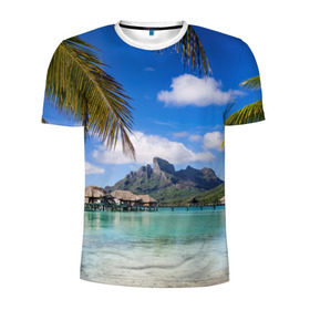 Мужская футболка 3D спортивная с принтом Бора-Бора в Кировске, 100% полиэстер с улучшенными характеристиками | приталенный силуэт, круглая горловина, широкие плечи, сужается к линии бедра | архипелаг | блаженство | бора бора | бунгало | жемчужина тихого океана | загар | каникулы | море | океан | остров | отдых | отпуск | пальмы | песок | пляж | рай | сказка | солнце | таити | туризм