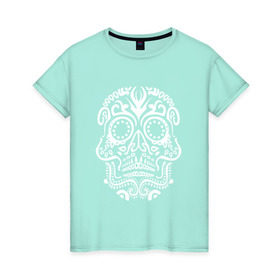 Женская футболка хлопок с принтом Мексиканский череп в Кировске, 100% хлопок | прямой крой, круглый вырез горловины, длина до линии бедер, слегка спущенное плечо | mexi | день мертвых | мексика | мексиканский череп | мертвецов | орнамент | праздник | узоры | цветы