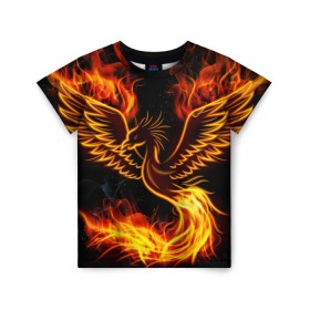 Детская футболка 3D с принтом Феникс в Кировске, 100% гипоаллергенный полиэфир | прямой крой, круглый вырез горловины, длина до линии бедер, чуть спущенное плечо, ткань немного тянется | Тематика изображения на принте: огонь | пламя | птица