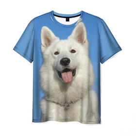 Мужская футболка 3D с принтом белый пес в Кировске, 100% полиэфир | прямой крой, круглый вырез горловины, длина до линии бедер | dog | friend | взгляд | волк | друг | пес | собака | хаски