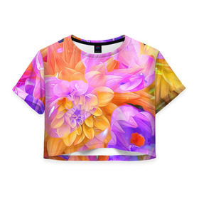 Женская футболка 3D укороченная с принтом Живописные цветы 4 в Кировске, 100% полиэстер | круглая горловина, длина футболки до линии талии, рукава с отворотами | лепестки | прикольные картинки | цветочки | цветы