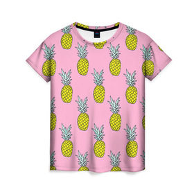 Женская футболка 3D с принтом Ананасы 2 в Кировске, 100% полиэфир ( синтетическое хлопкоподобное полотно) | прямой крой, круглый вырез горловины, длина до линии бедер | летний | паттерн | розовый