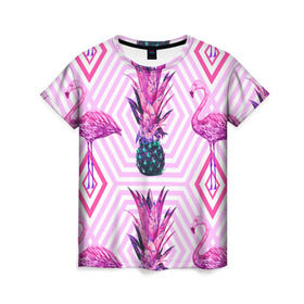 Женская футболка 3D с принтом Ананасы 12 в Кировске, 100% полиэфир ( синтетическое хлопкоподобное полотно) | прямой крой, круглый вырез горловины, длина до линии бедер | летний | паттерн | светлый