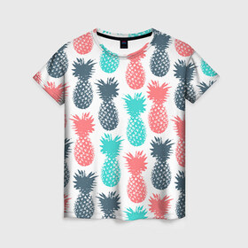 Женская футболка 3D с принтом Ананасы 13 в Кировске, 100% полиэфир ( синтетическое хлопкоподобное полотно) | прямой крой, круглый вырез горловины, длина до линии бедер | летний | паттерн | светлый