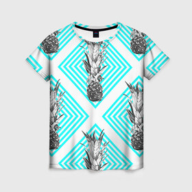 Женская футболка 3D с принтом Ананасы 15 в Кировске, 100% полиэфир ( синтетическое хлопкоподобное полотно) | прямой крой, круглый вырез горловины, длина до линии бедер | летний | паттерн | светлый