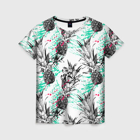Женская футболка 3D с принтом Ананасы 19 в Кировске, 100% полиэфир ( синтетическое хлопкоподобное полотно) | прямой крой, круглый вырез горловины, длина до линии бедер | летний | паттерн | светлый