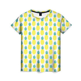 Женская футболка 3D с принтом Ананасы 23 в Кировске, 100% полиэфир ( синтетическое хлопкоподобное полотно) | прямой крой, круглый вырез горловины, длина до линии бедер | летний | паттерн | светлый