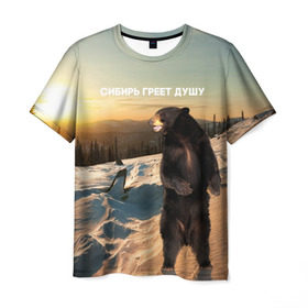 Мужская футболка 3D с принтом Сибирь в Кировске, 100% полиэфир | прямой крой, круглый вырез горловины, длина до линии бедер | медведь