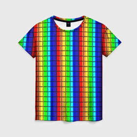 Женская футболка 3D с принтом Радуга (Полосы в мозайку) в Кировске, 100% полиэфир ( синтетическое хлопкоподобное полотно) | прямой крой, круглый вырез горловины, длина до линии бедер | вертикальные | жёлтый | зелёный | красный | оранжевый | полосы | радуга | синий | фиолетовый