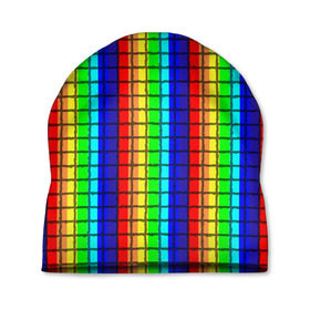 Шапка 3D с принтом Радуга (Полосы в мозайку) в Кировске, 100% полиэстер | универсальный размер, печать по всей поверхности изделия | вертикальные | жёлтый | зелёный | красный | оранжевый | полосы | радуга | синий | фиолетовый