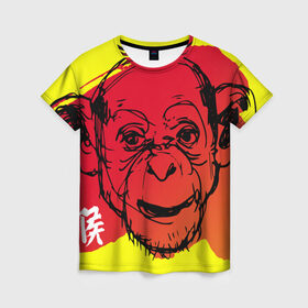 Женская футболка 3D с принтом Fire Monkey в Кировске, 100% полиэфир ( синтетическое хлопкоподобное полотно) | прямой крой, круглый вырез горловины, длина до линии бедер | мартышка | обезьяна | огненная