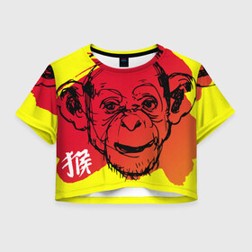 Женская футболка 3D укороченная с принтом Fire Monkey в Кировске, 100% полиэстер | круглая горловина, длина футболки до линии талии, рукава с отворотами | мартышка | обезьяна | огненная