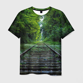 Мужская футболка 3D с принтом Лес в Кировске, 100% полиэфир | прямой крой, круглый вырез горловины, длина до линии бедер | forest | деревья | дорога | зелень | лес | рельсы | сосны | тайга