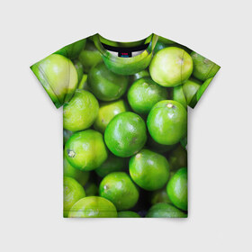 Детская футболка 3D с принтом Лаймы в Кировске, 100% гипоаллергенный полиэфир | прямой крой, круглый вырез горловины, длина до линии бедер, чуть спущенное плечо, ткань немного тянется | зелень | лаймы | лето | лимоны | солнце | текстура | фрукты